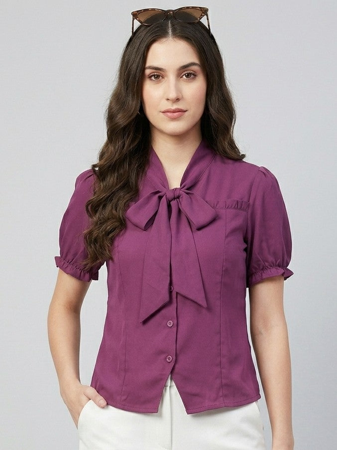 Purple Bow-Tie Neck Short Sleeve Top