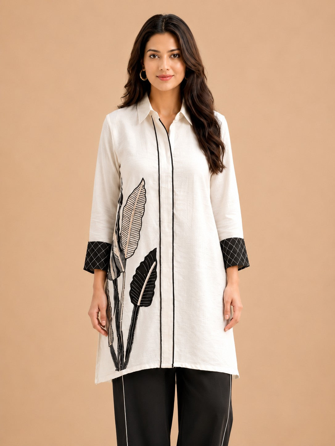 Women's White & Black Botanical Print Premium Co-ord Set