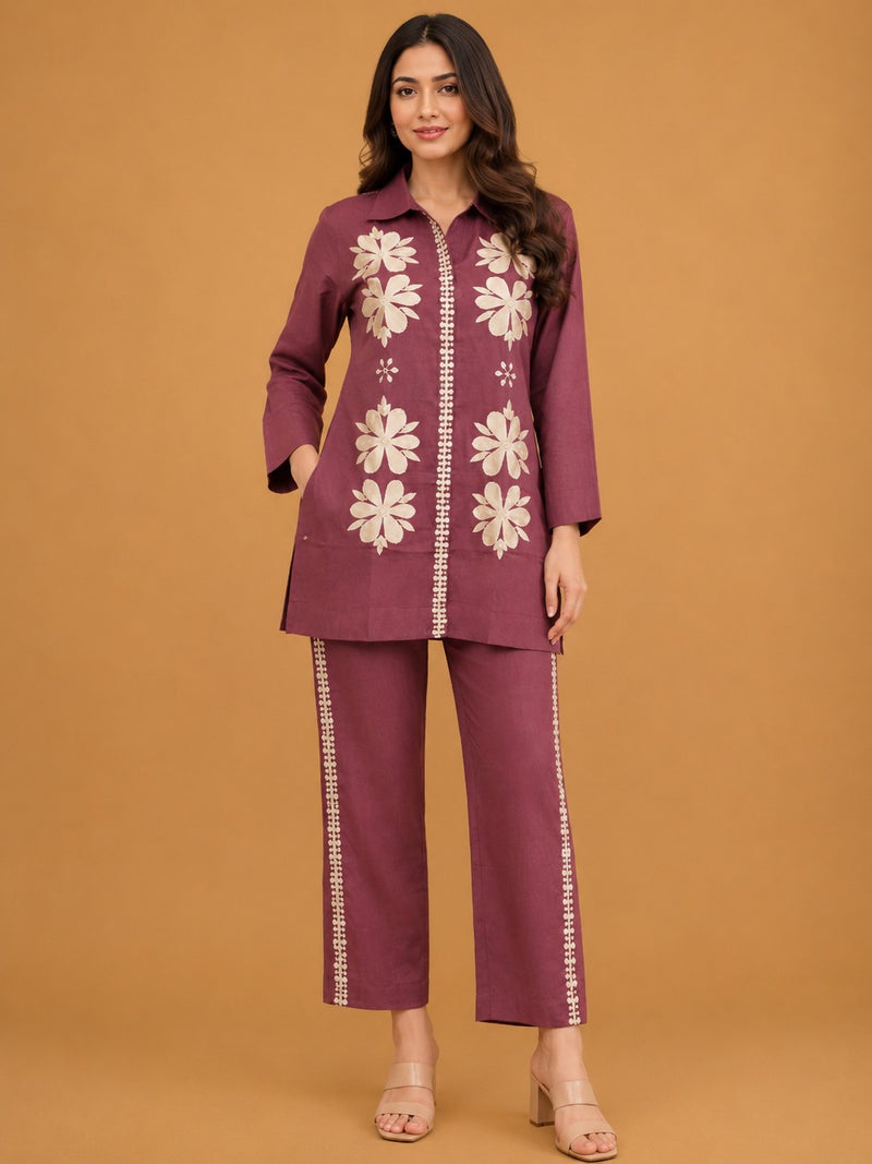 Women's Wine Floral Embroidered Premium Co-ord Set