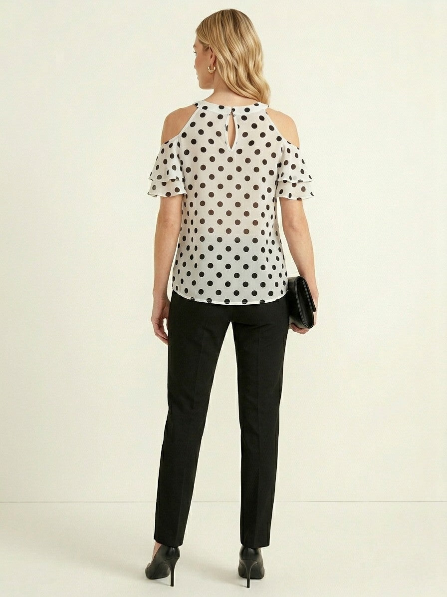 Polka Dot Cold Shoulder Ruffle Top