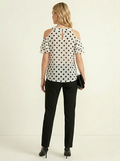 Polka Dot Cold Shoulder Ruffle Top
