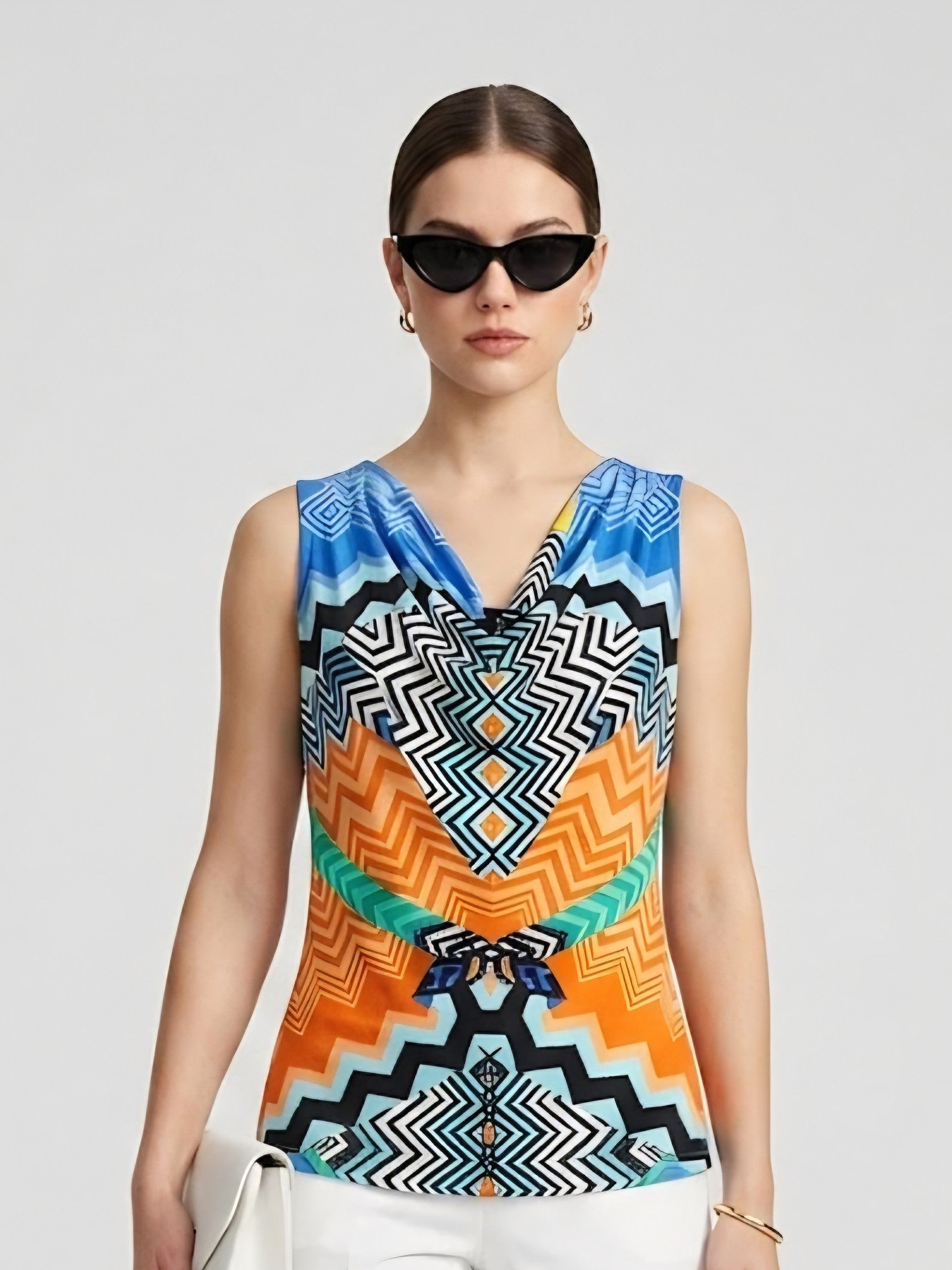 Abstract Print Cowl Neck Sleeveless Blouse Top