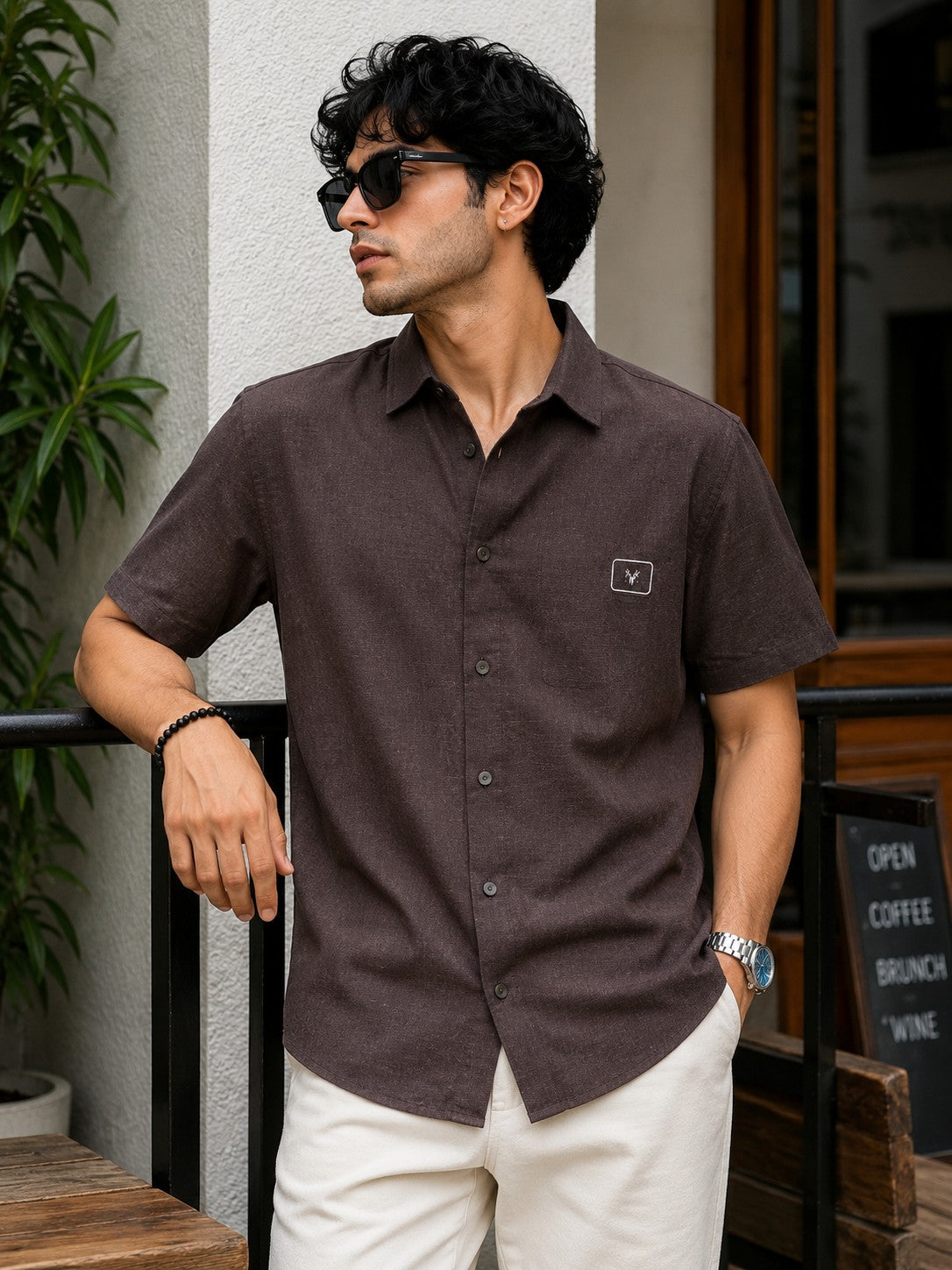 Men's Coffee Brown Casual Half Sleeve Shirt