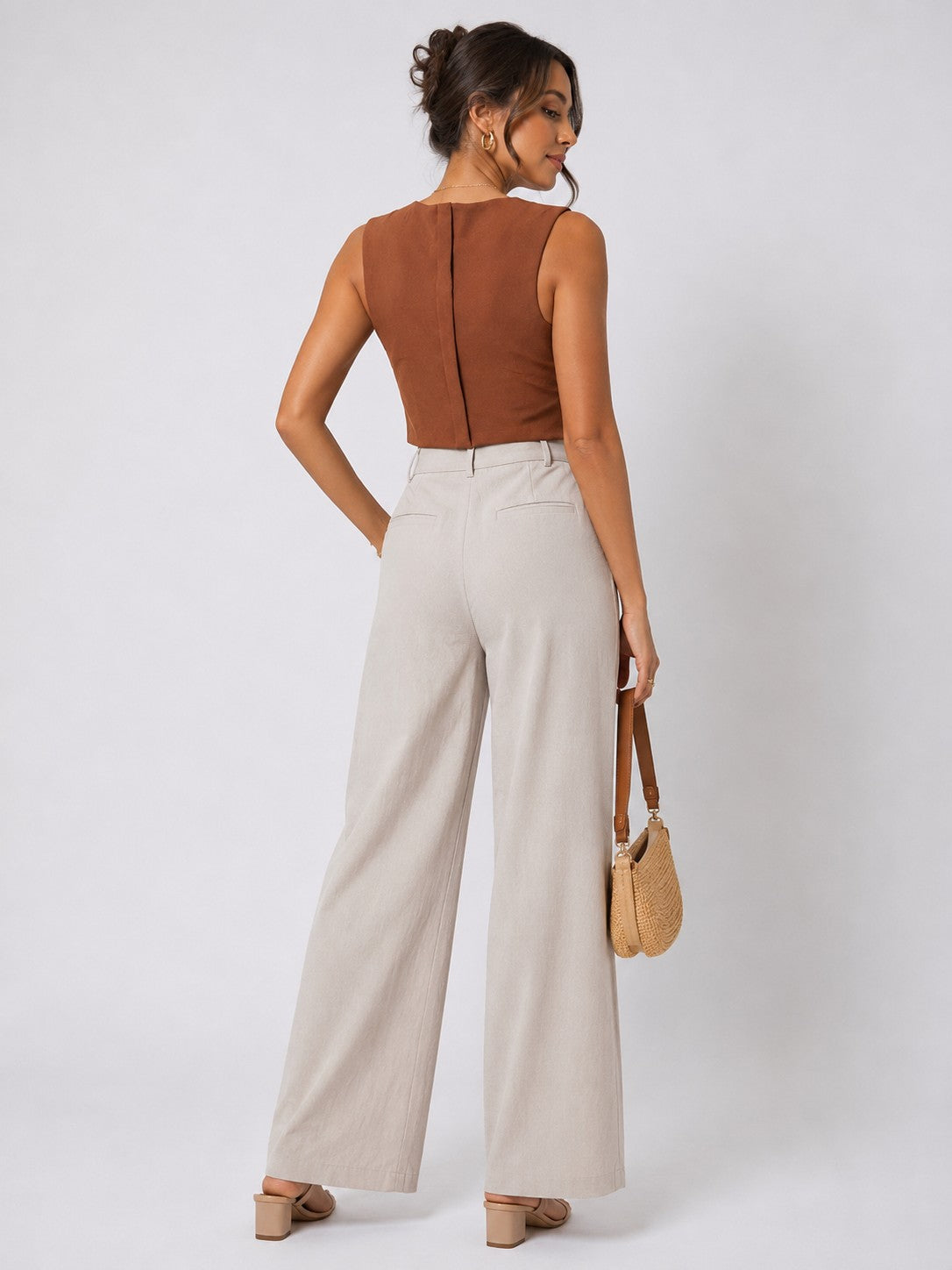 Women Brown Sleeveless V-Neck Asymmetric Hem Crop Top