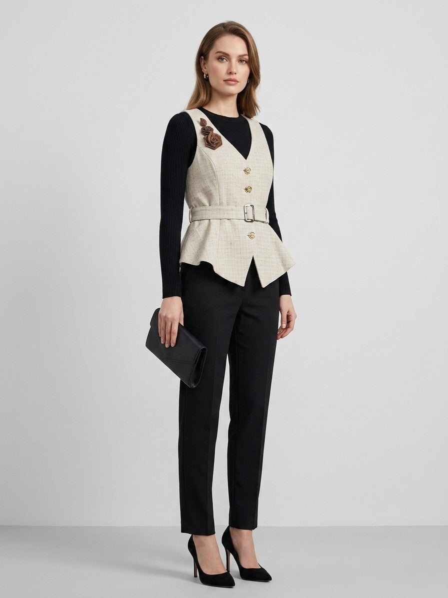 Women's Beige Textured Belted Peplum Waistcoat Vest