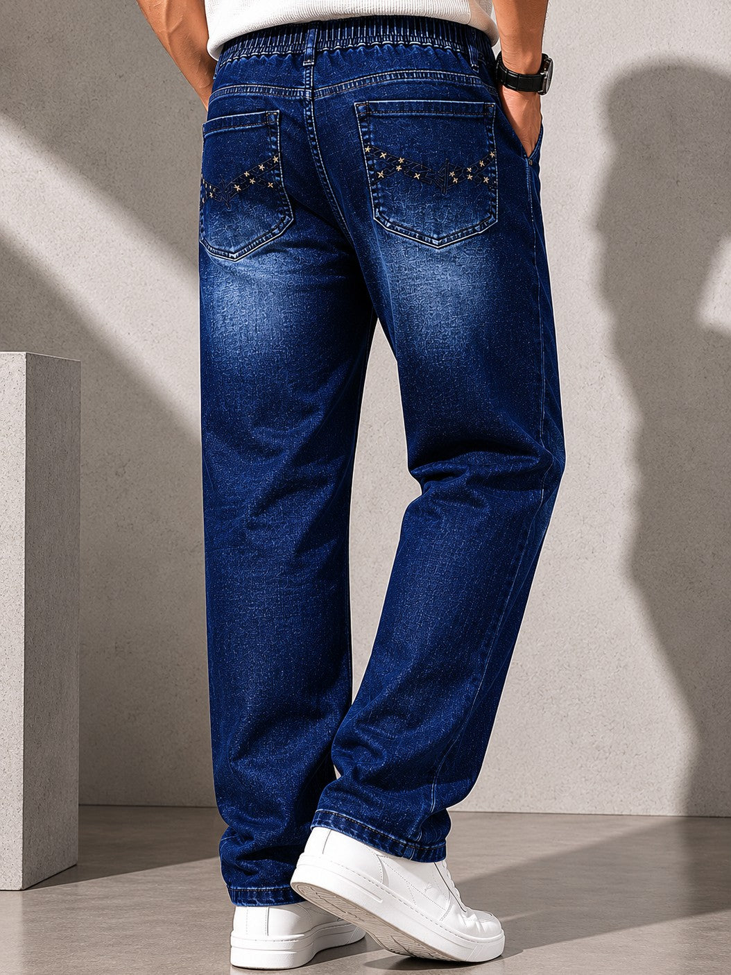 Men's Dark Blue Drawstring Comfort Fit Jeans
