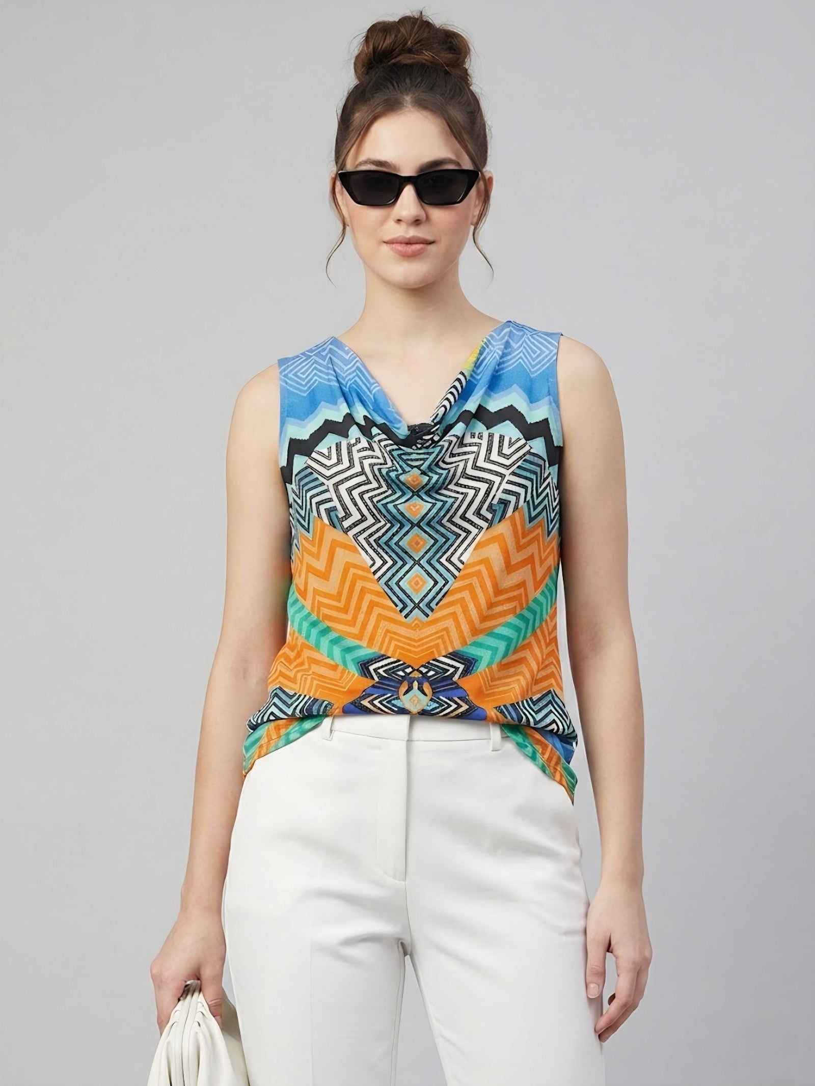 Abstract Print Cowl Neck Sleeveless Blouse Top