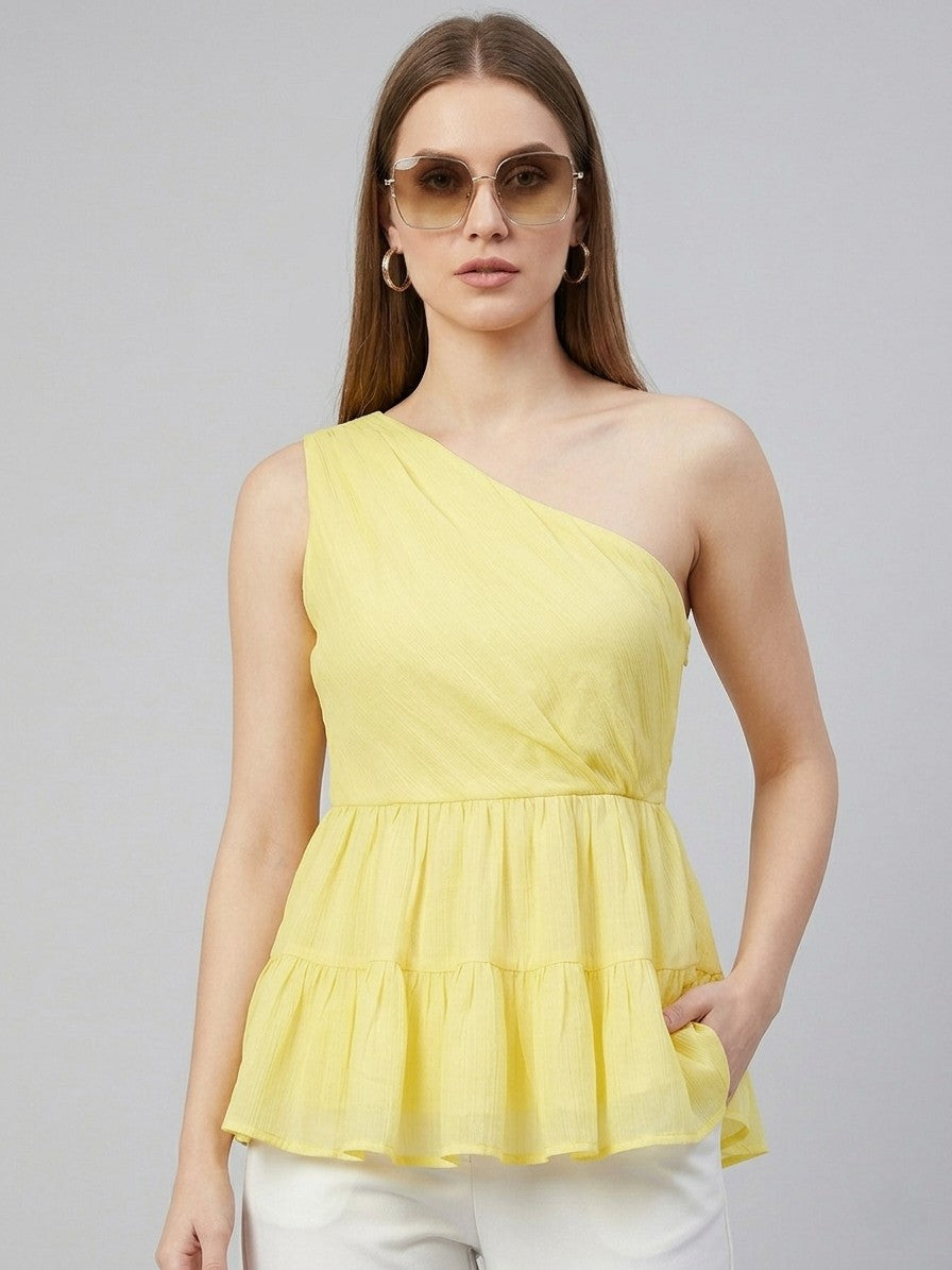 Women’s Pastel Yellow One-Shoulder Peplum Top – Elegant Ruffle Hem Sleeveless Blouse