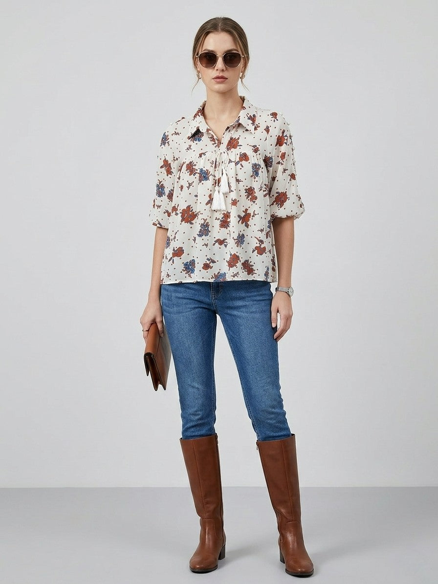 Floral Printed Tassel Tie Top