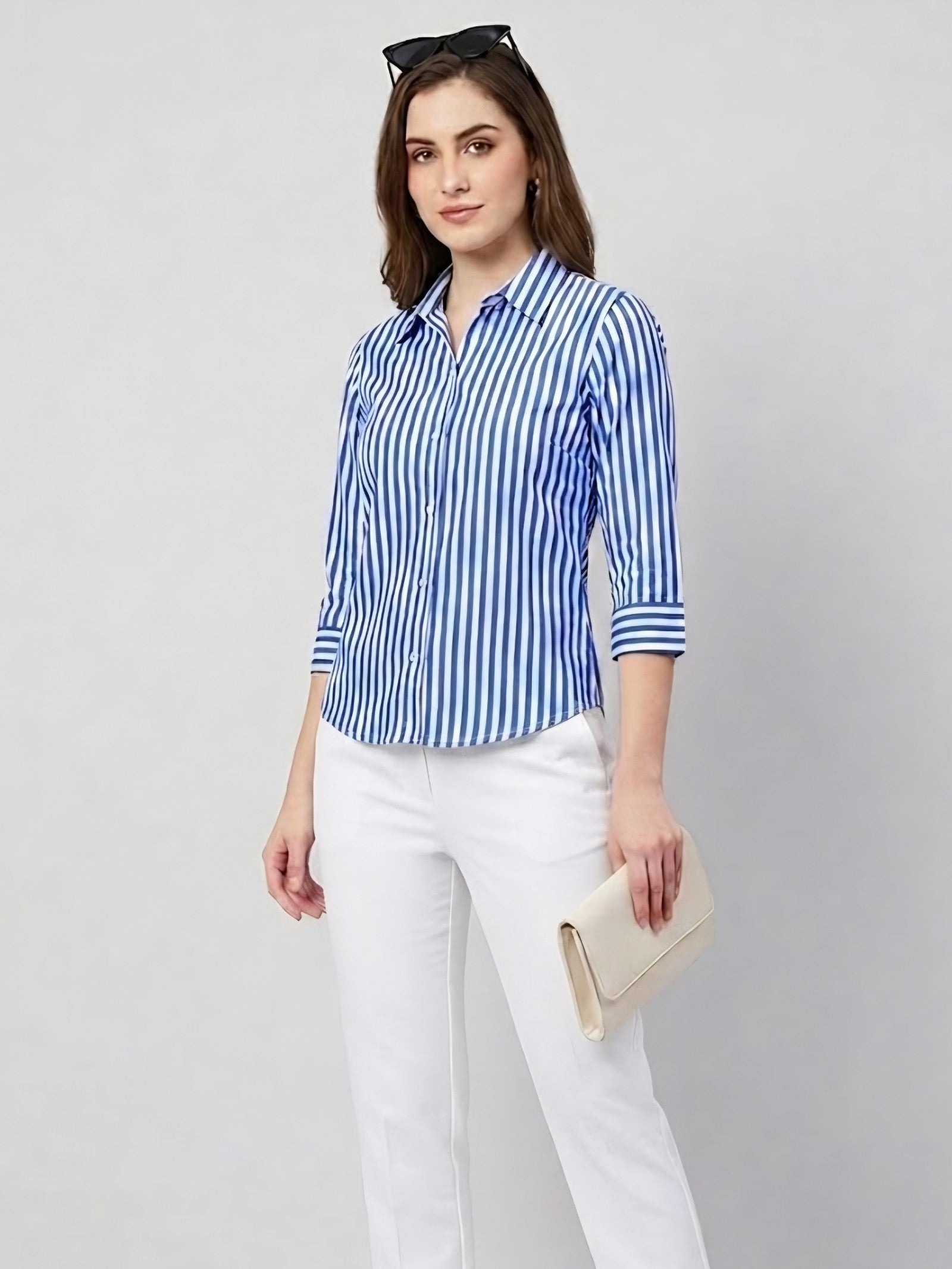 Blue Striped Corset-Back Blouse Shirt