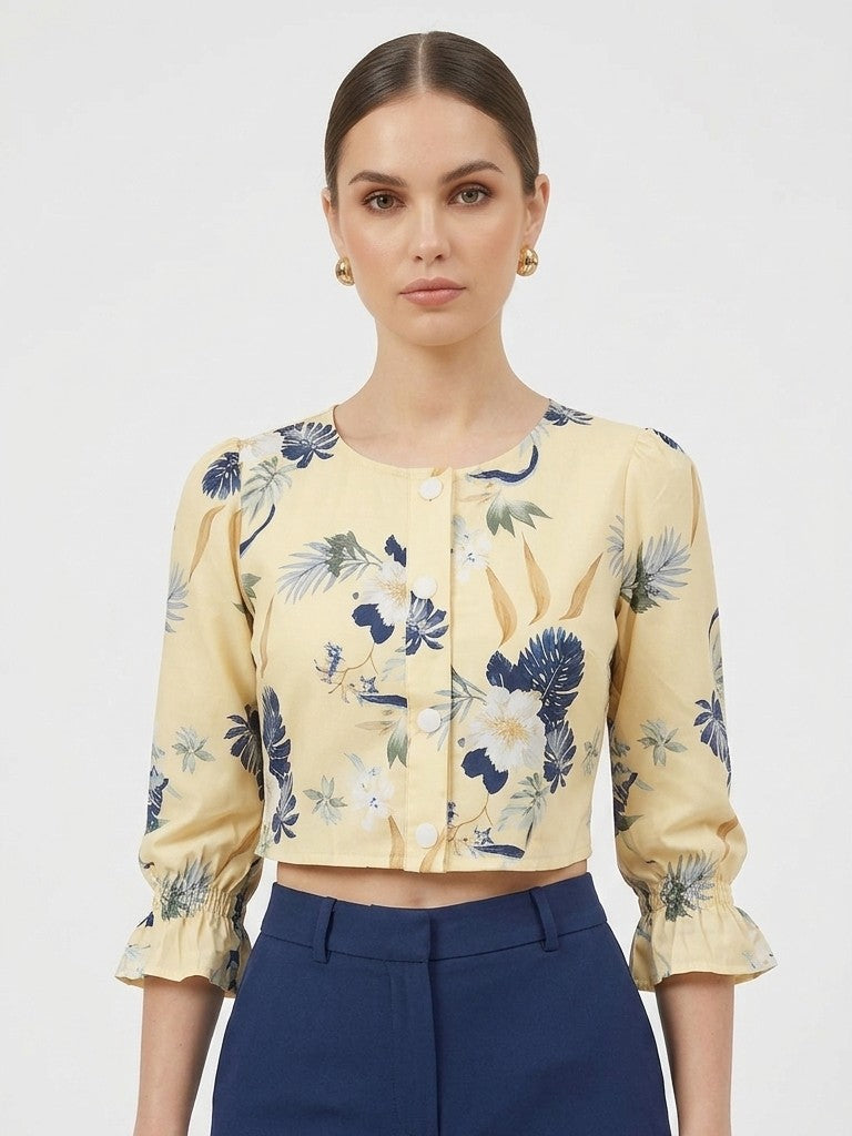 Floral Printed Puff Sleeve Crop Top