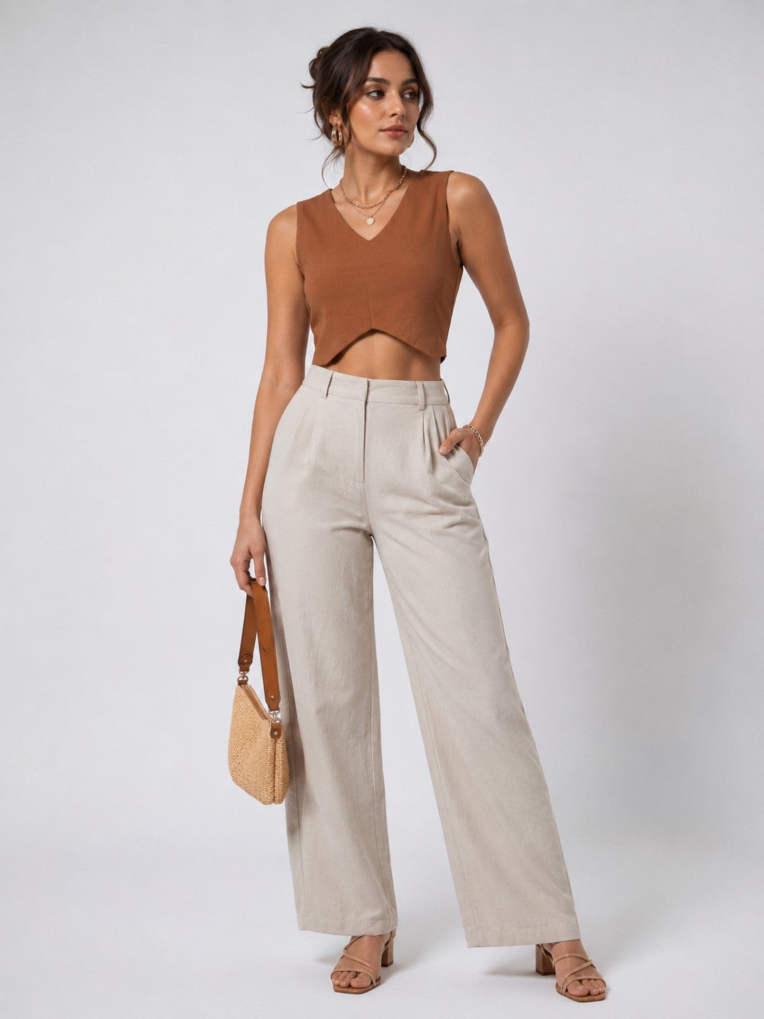 Women Brown Sleeveless V-Neck Asymmetric Hem Crop Top