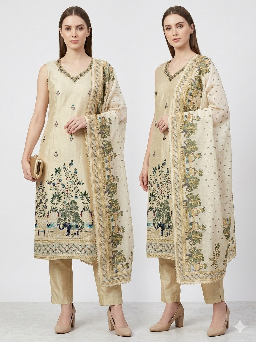 Elegant Beige Silk Blend Embroidered Kurta Set with Printed Dupatta
