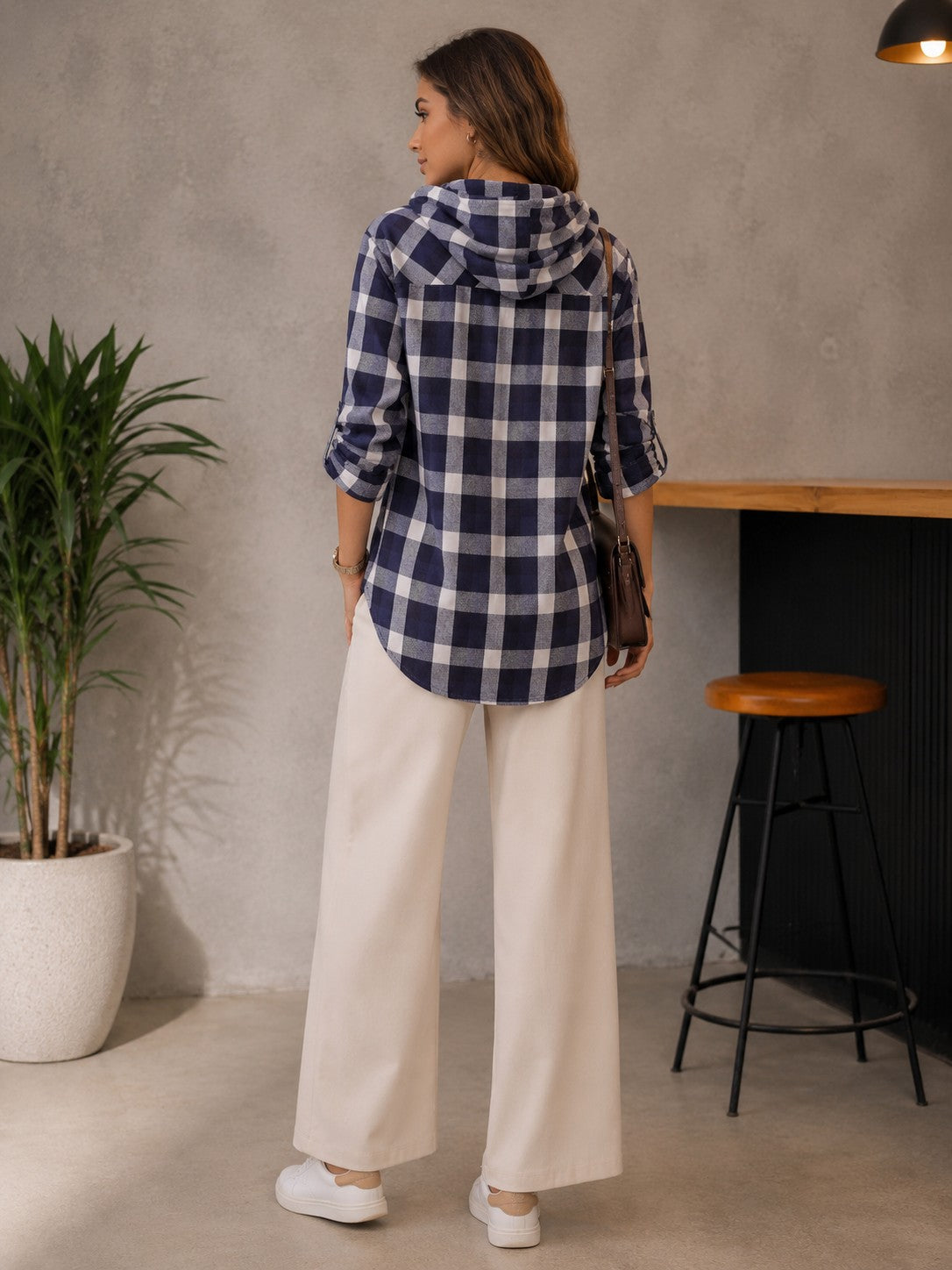 Navy Check Hooded Women’s Casual Shirt