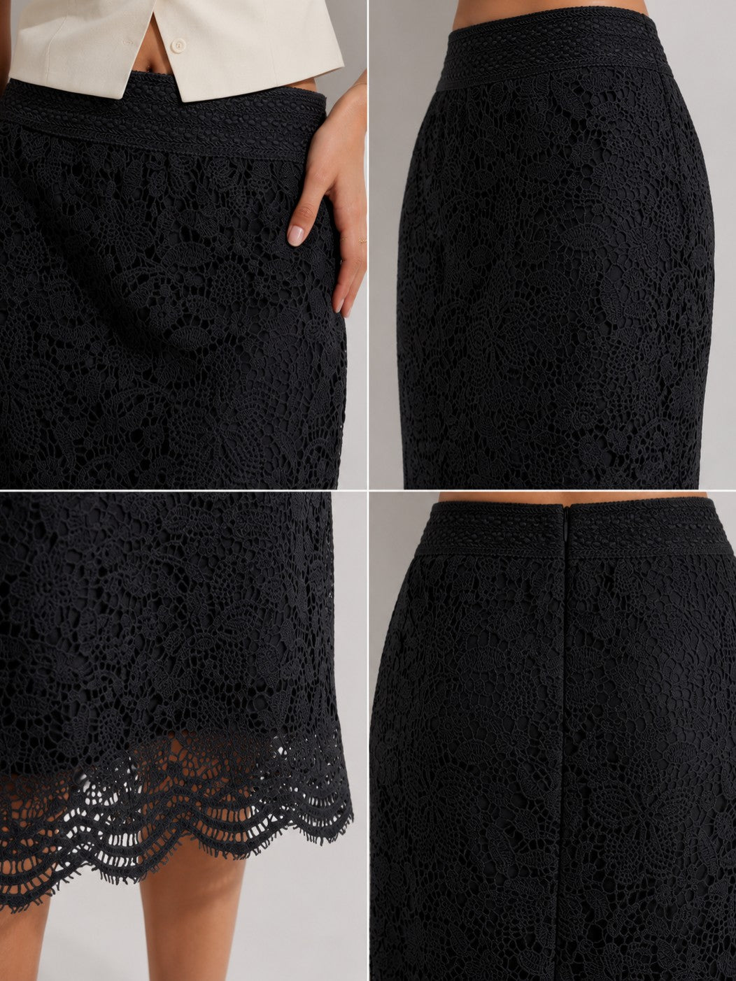 Women's Black Floral Lace Knee-Length Pencil Skirt
