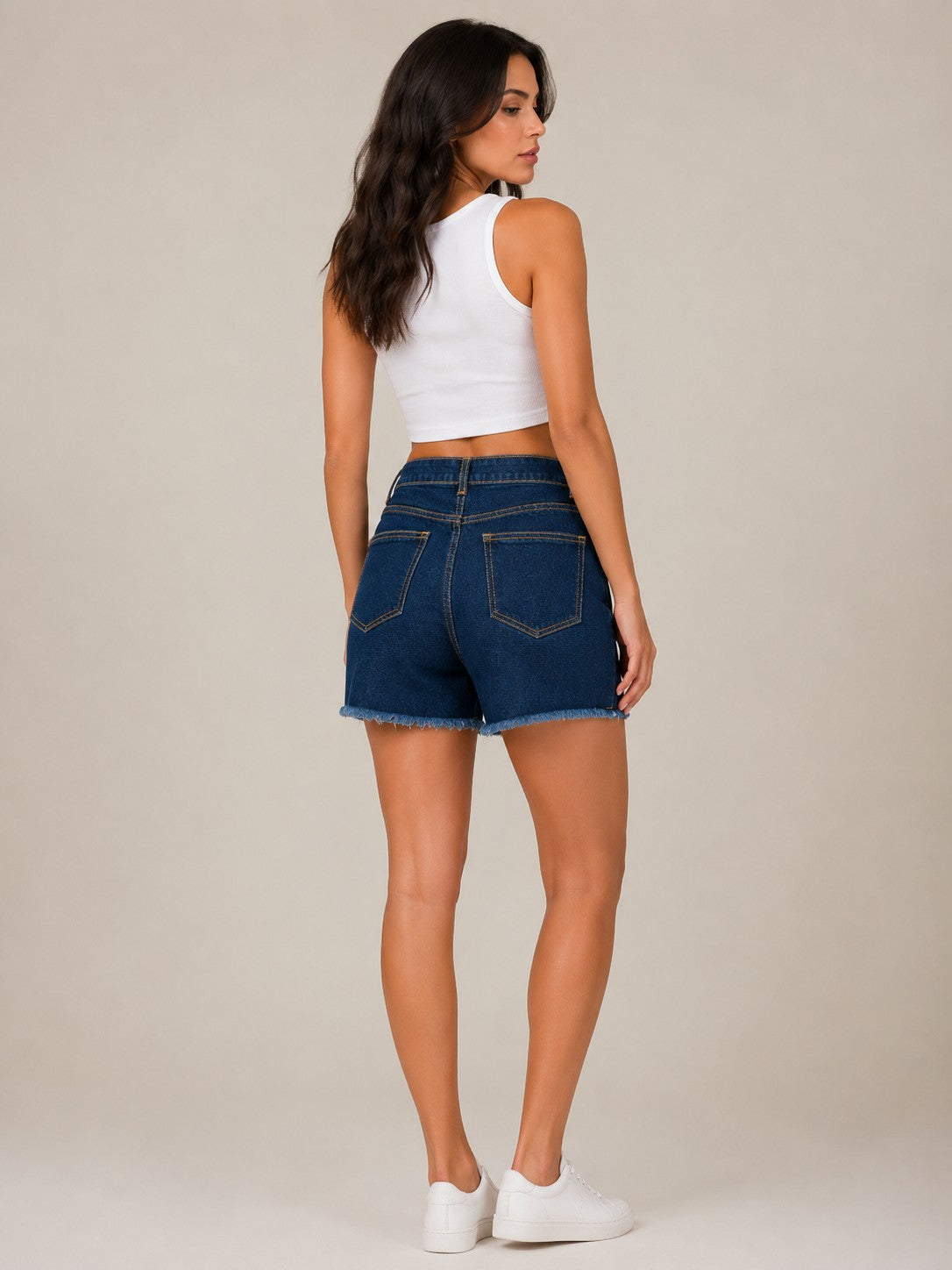 Women's Dark Blue High-Waisted Button Front Denim Shorts