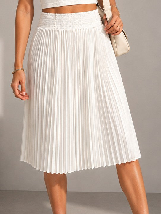 Women's Elegant White Pleated Midi Skirt – High Waist Flowy Casual Summer Skirt
