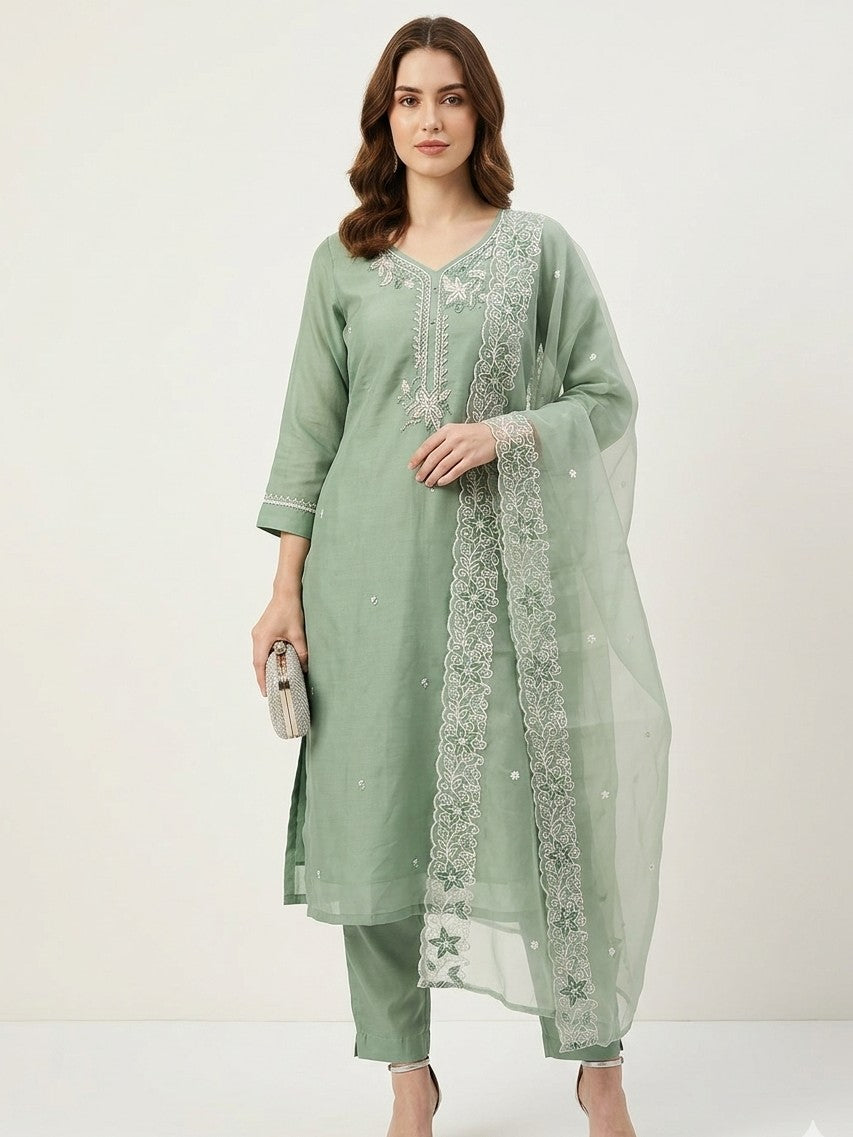 Elegant Sage Green Chanderi Embroidered Kurta Set with Organza Dupatta