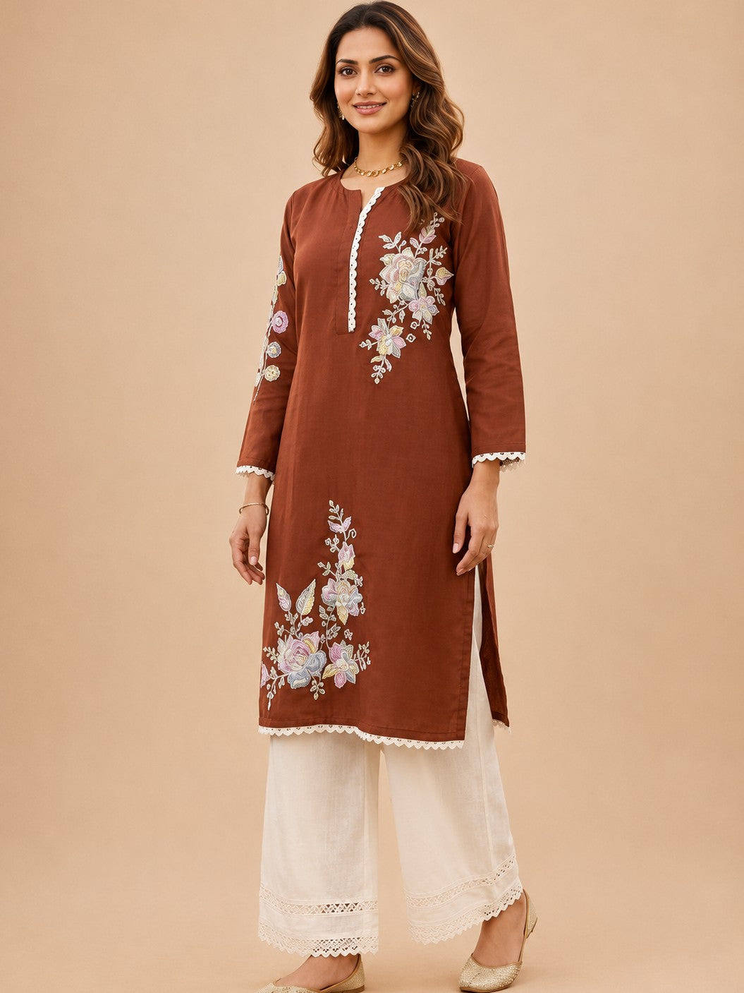 Women's Brown Floral Embroidered Cordset