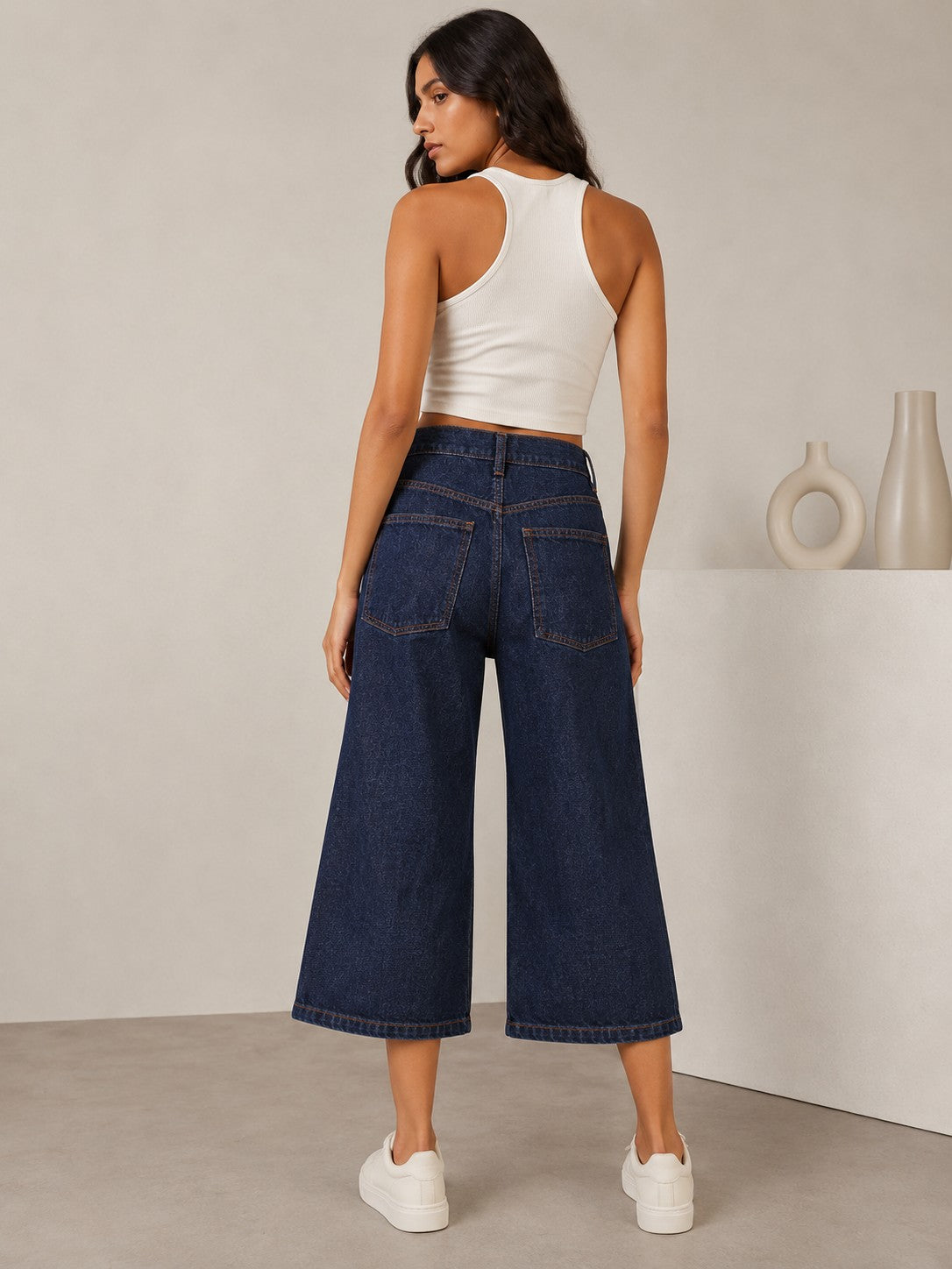 Women's Dark Blue Wide Leg Cropped Jeans