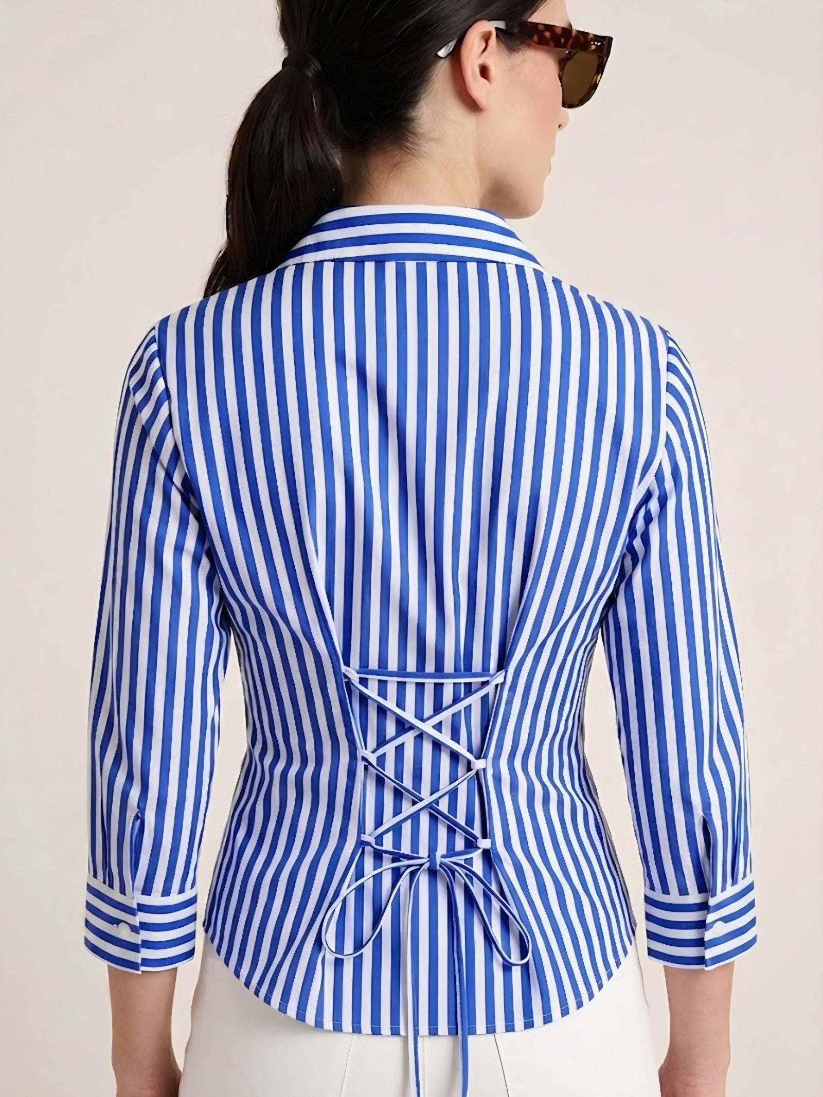 Blue Striped Corset-Back Blouse Shirt