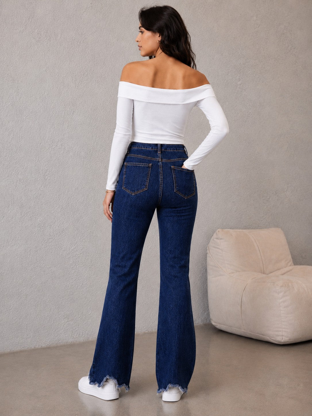 Women's High-Rise Flare Jeans in Dark Indigo with Frayed Raw Hem
