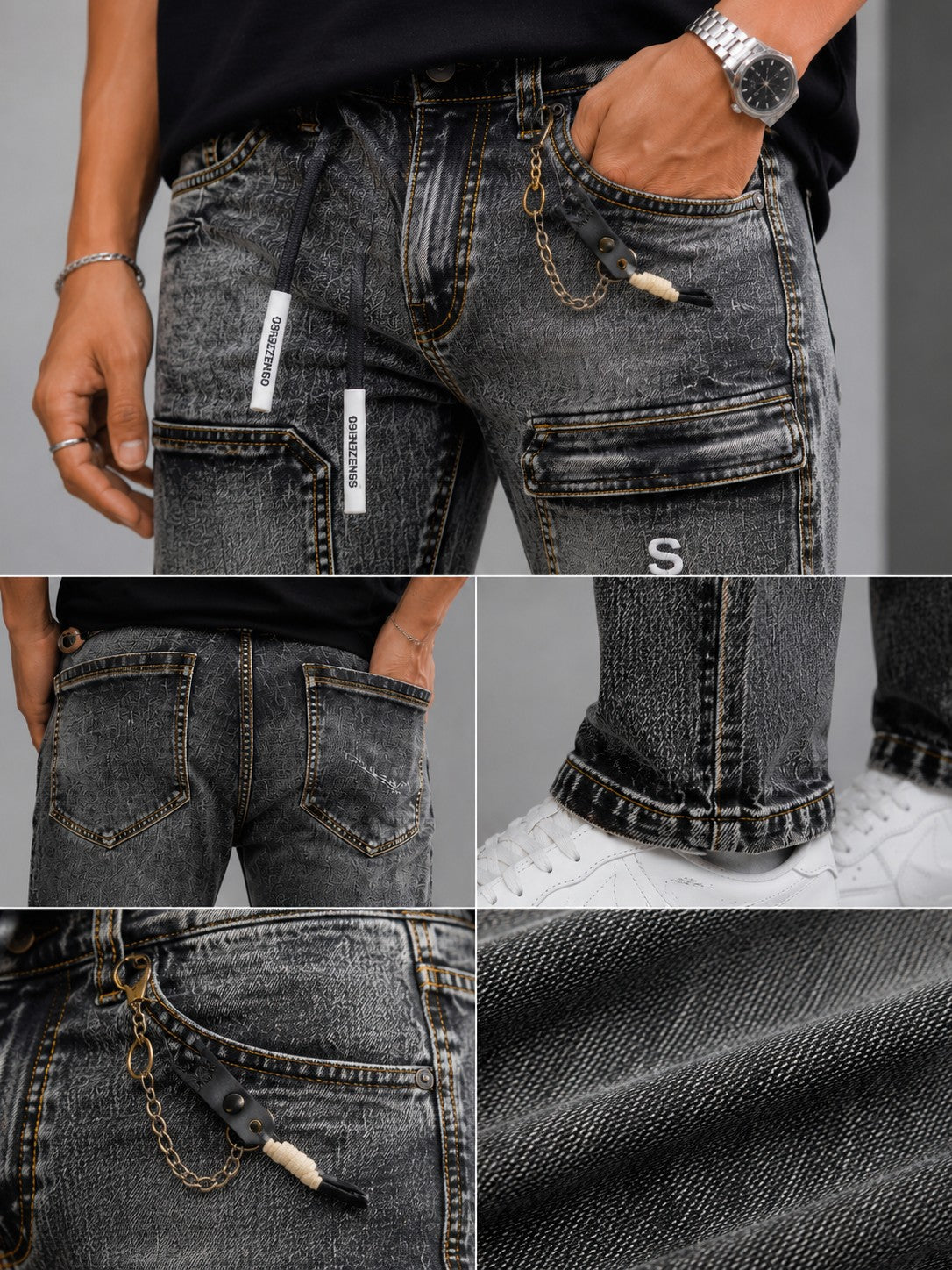 Men's Washed Grey Utility Denim Jeans