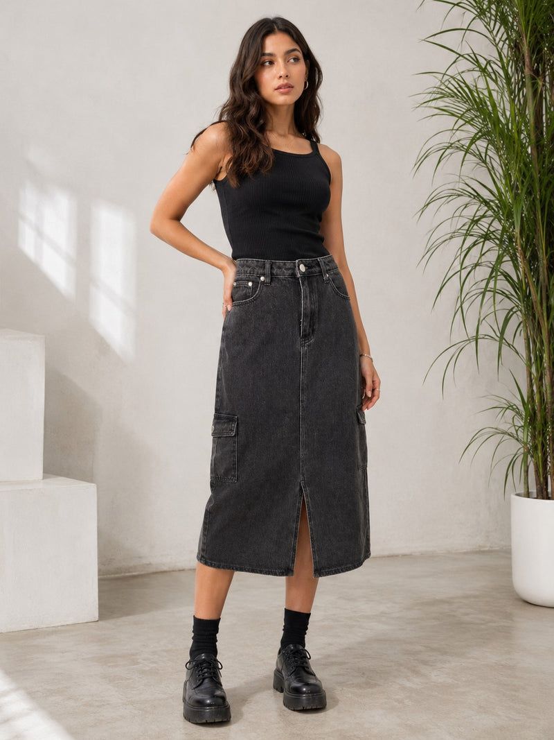 Women's Washed Black Cargo Denim Midi Skirt