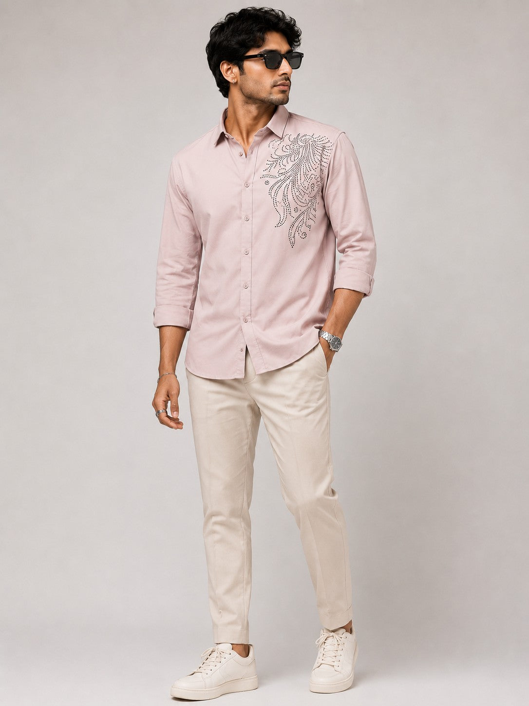 Men's Blush Pink Embellished Casual Shirt
