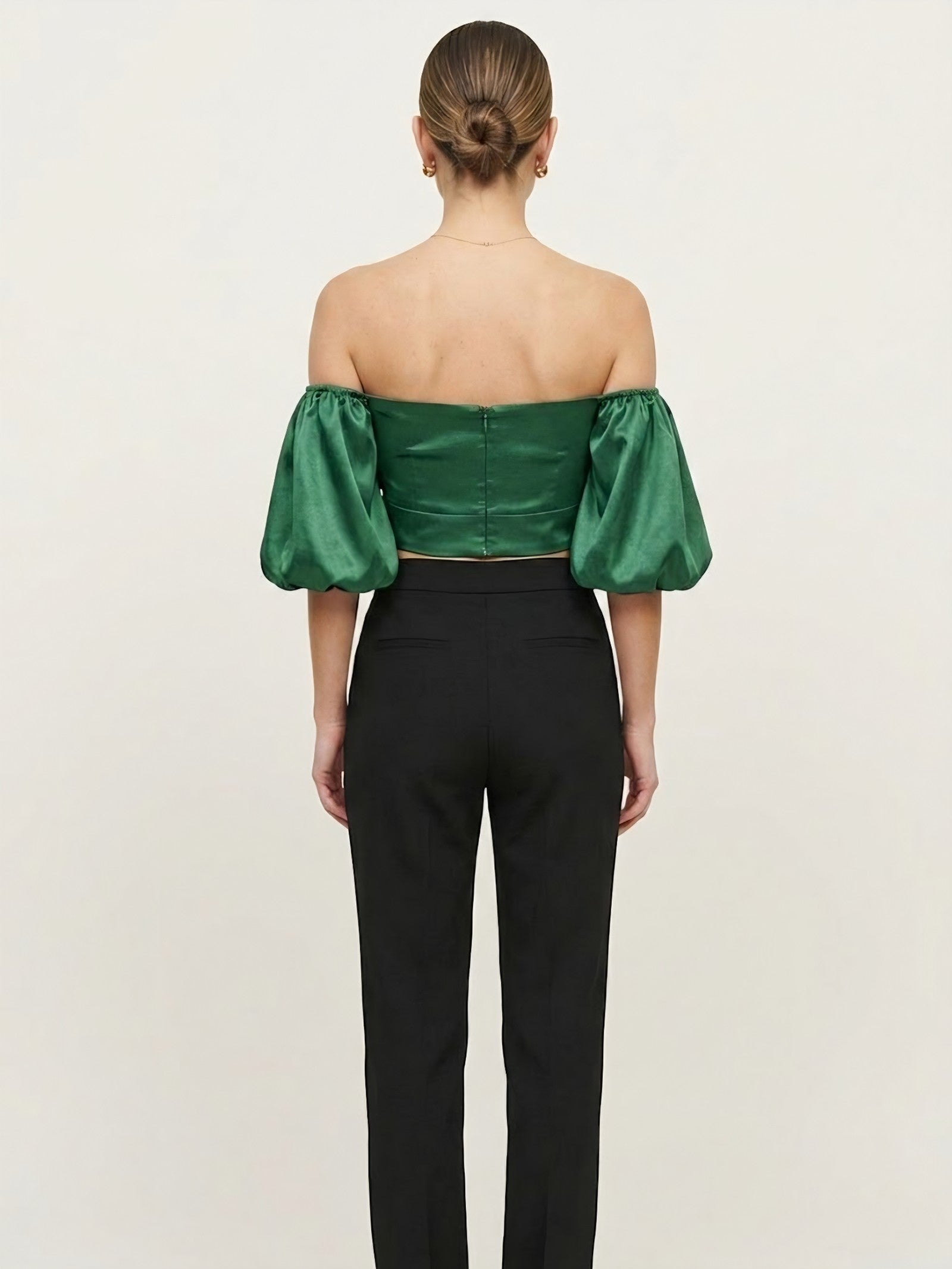 Emerald Green Satin Off Shoulder Crop Top