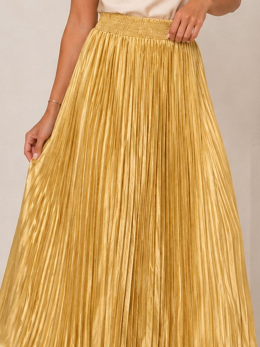 Women's Gold Pleated Satin Maxi Skirt with Smocked Waist