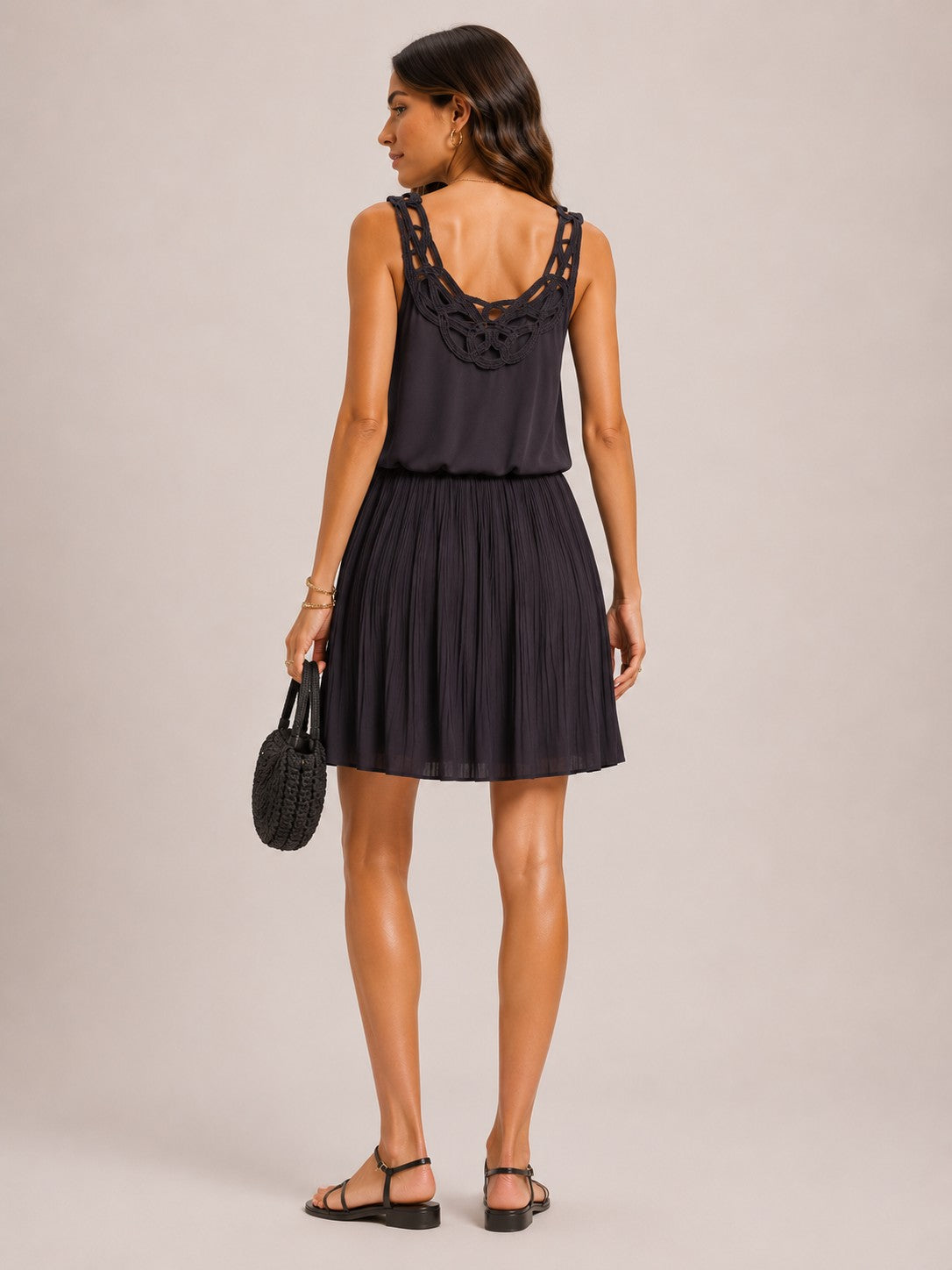Women Dark Grey Sleeveless Scoop Neck Cut Out Detail Pleated Mini Dress