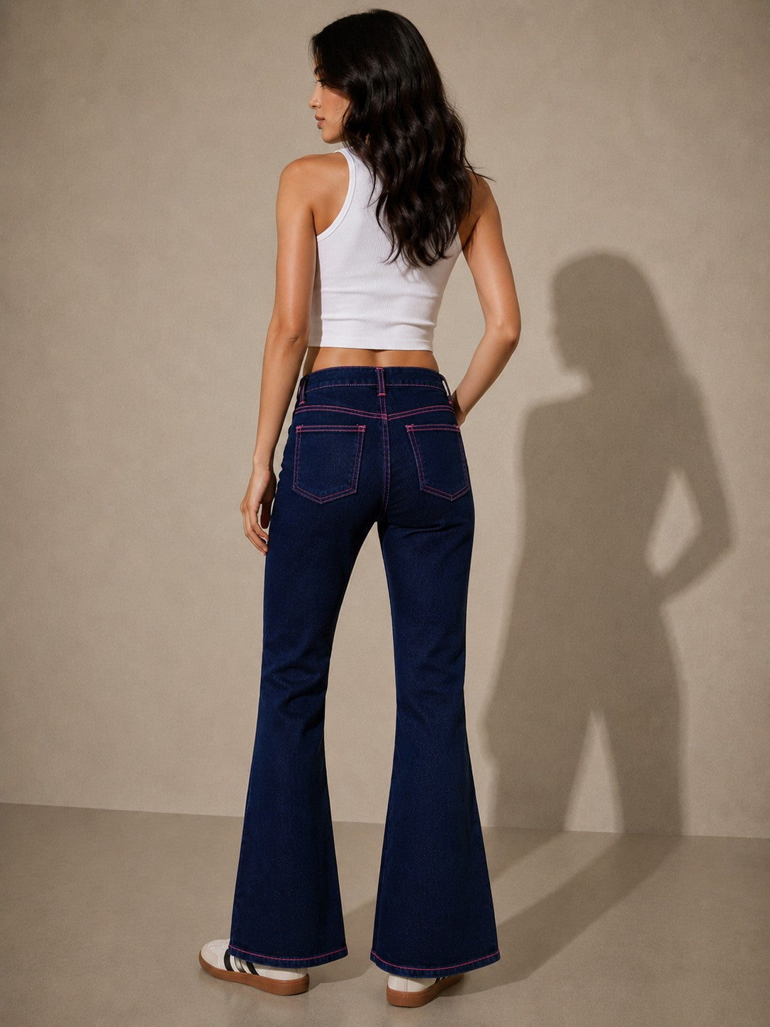 Women's Dark Blue Flared Jeans with Contrast Stitching