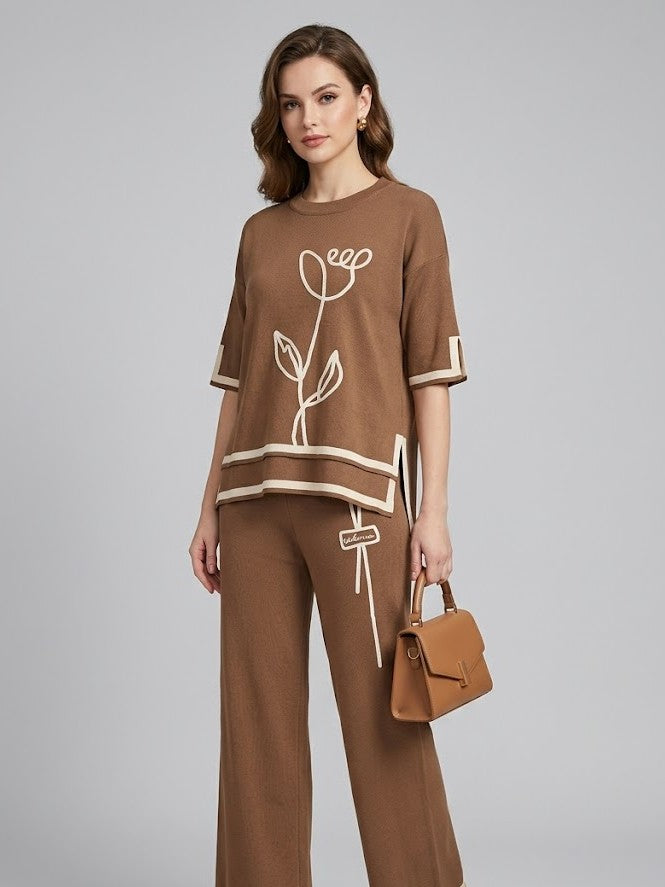 Women’s Brown Knit Co-Ord Set with Floral Line Art Print – Relaxed Fit Top & Pants