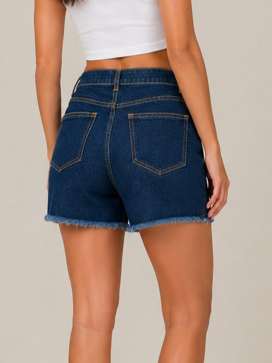 Women's Dark Blue High-Waisted Button Front Denim Shorts
