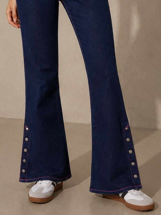 Women's Dark Blue Flared Jeans with Contrast Stitching