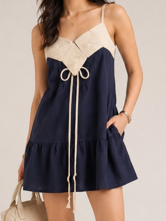 Navy Blue and Cream Sleeveless Regular Fit A-Line Mini Dress with Embroidered Bodice