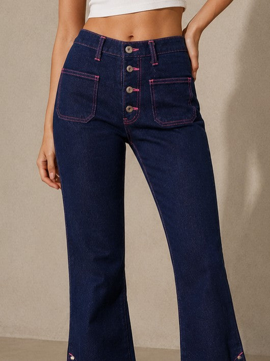 Women's Dark Blue Flared Jeans with Contrast Stitching