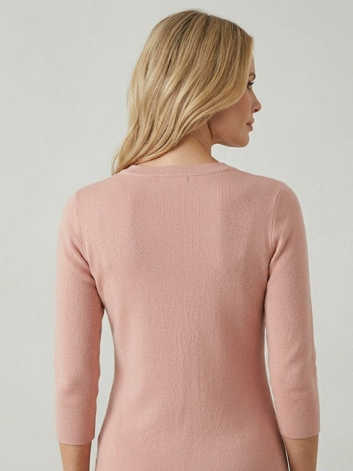 Women’s Blush Pink Floral Appliqué Knit Top – Elegant Round Neck Sweater