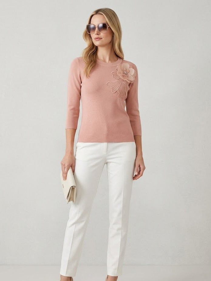 Women’s Blush Pink Floral Appliqué Knit Top – Elegant Round Neck Sweater