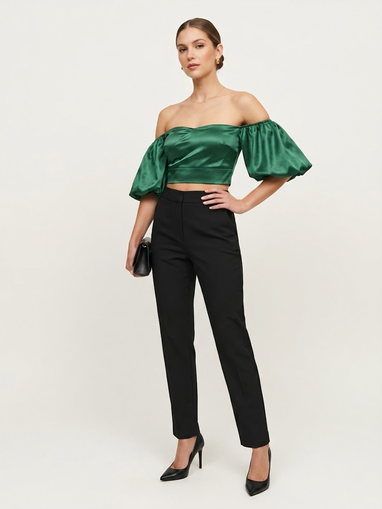 Emerald Green Satin Off Shoulder Crop Top