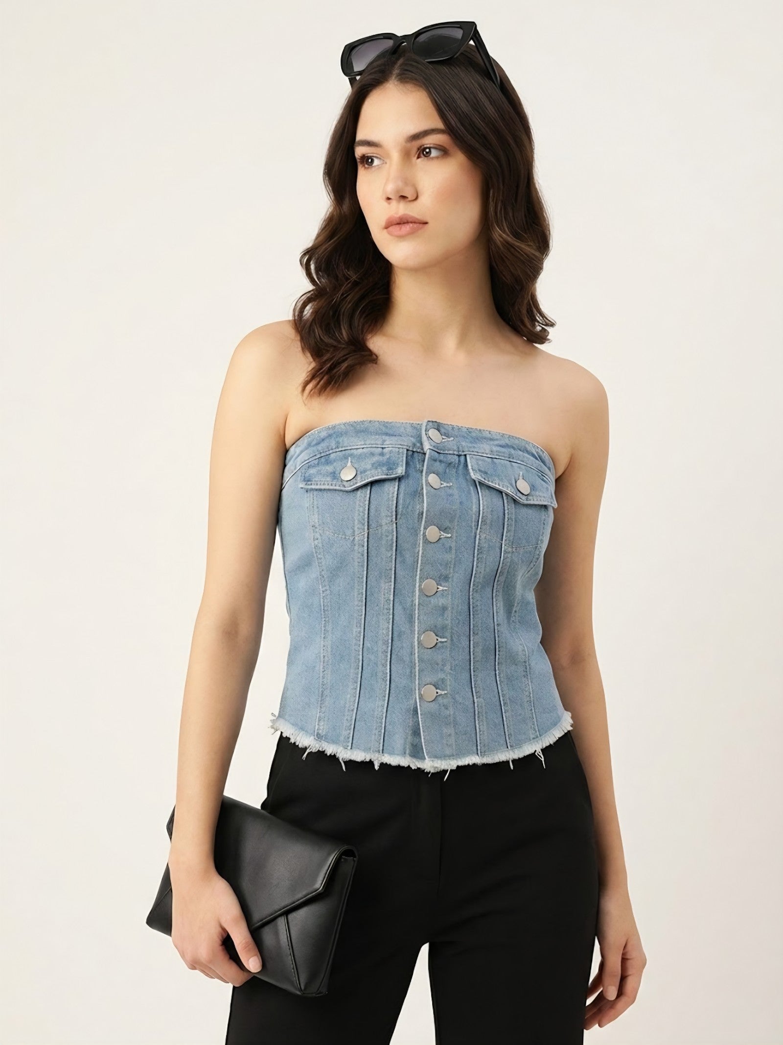 Denim Button Front Tube Corset