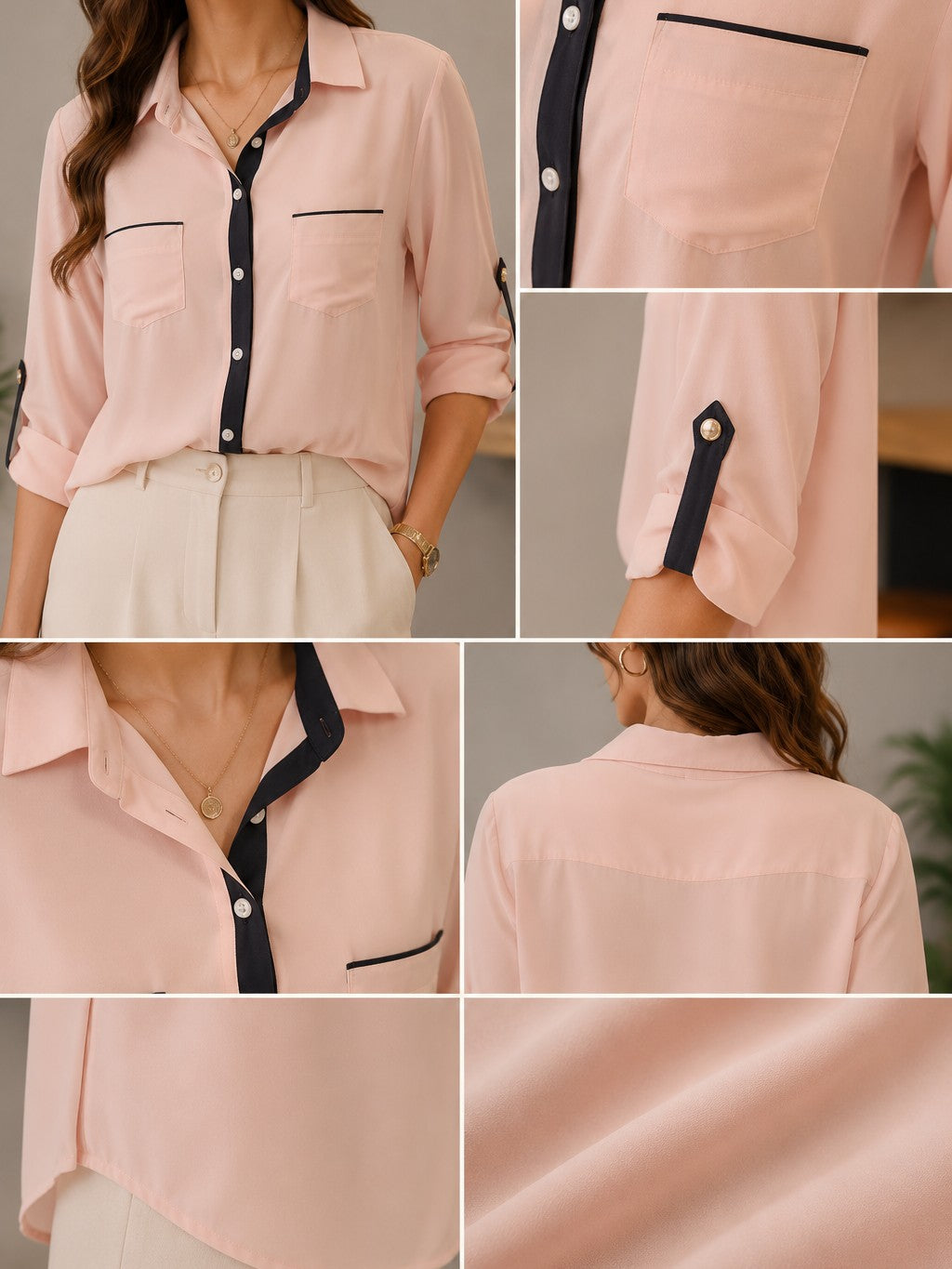 Blush Elegance Contrast Trim Women’s Shirt