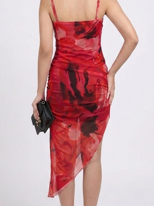 Red Satin Ruched Midi Dress with Side Slit One Piece