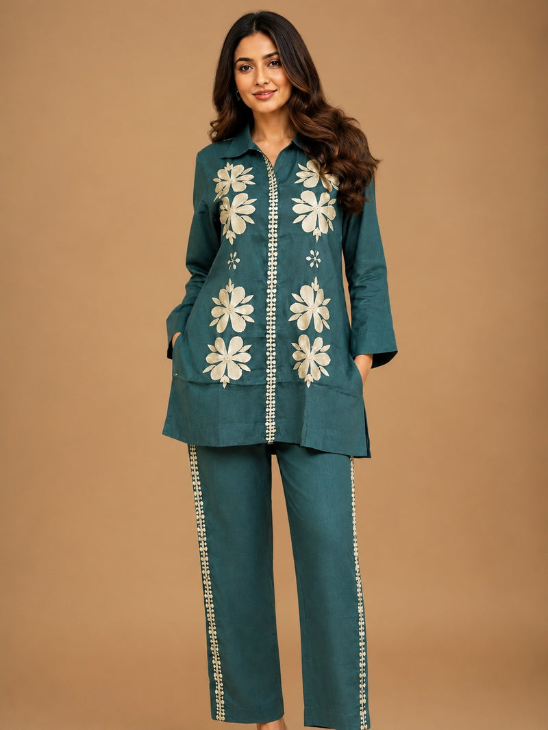 Women's Teal Floral Embroidered Premium Co-ord Set