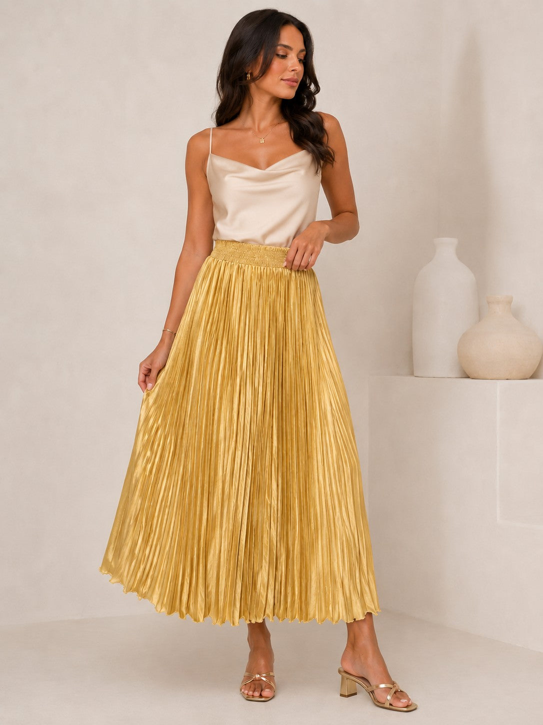Women's Gold Pleated Satin Maxi Skirt with Smocked Waist