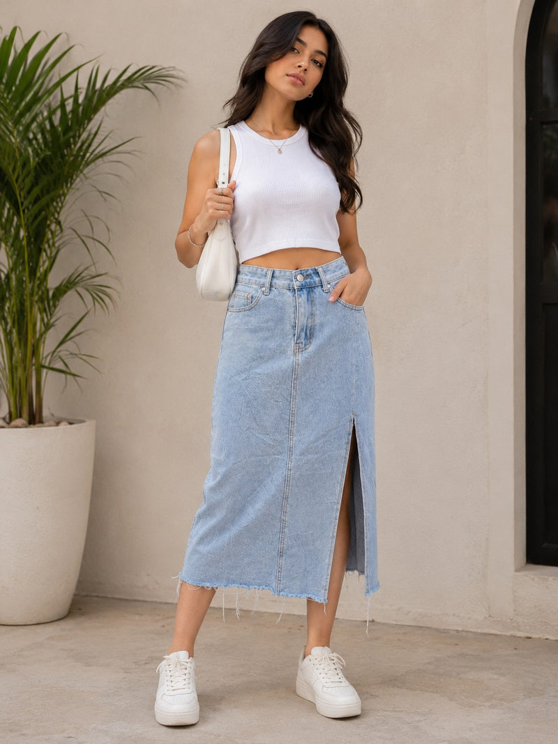 Women's Light Wash Denim Midi Skirt with Front Slit