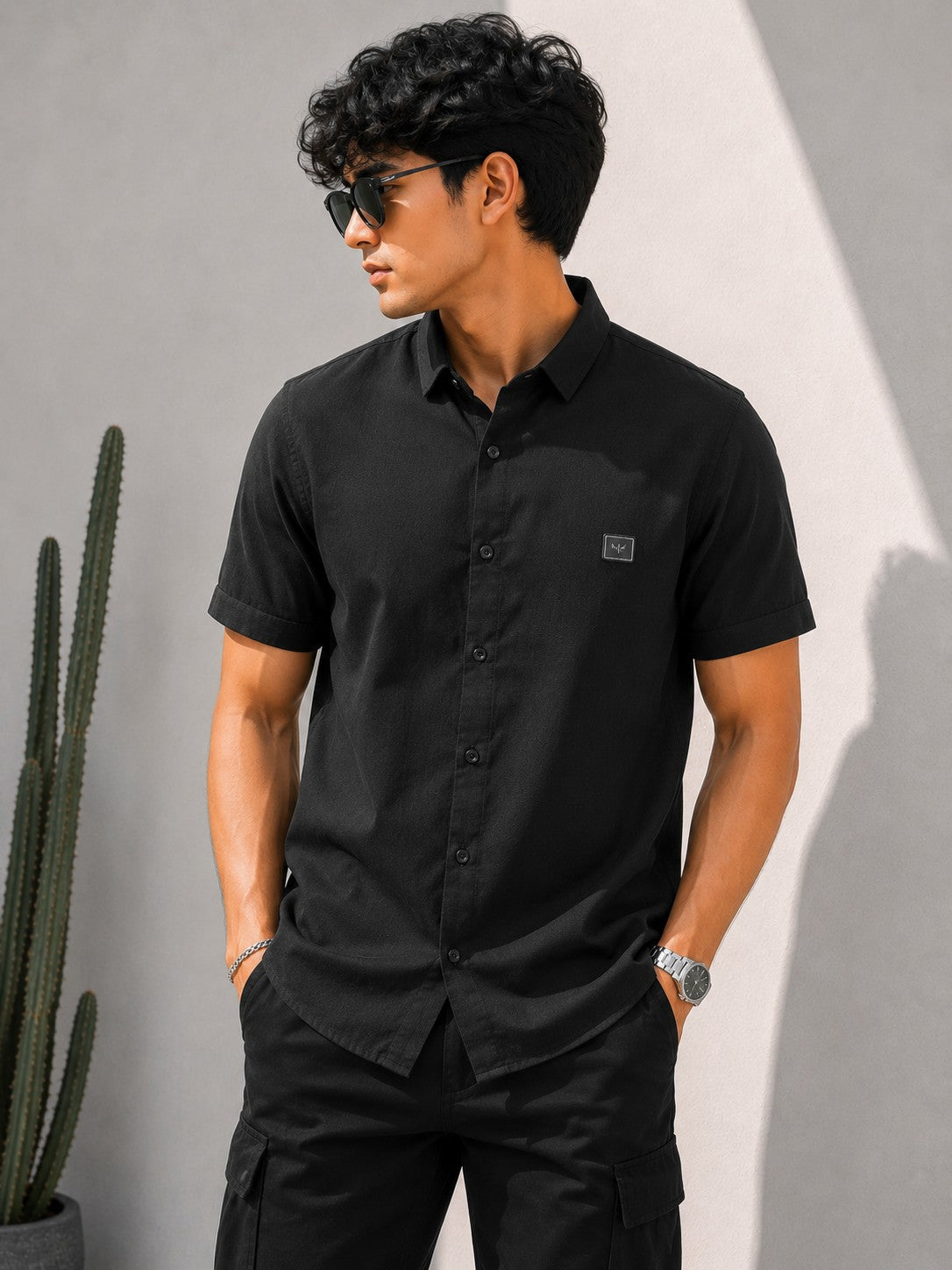 Men's Classic Black Casual Half Sleeve Shirt
