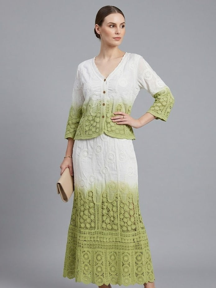 Women’s White & Lime Green Ombre Crochet Lace Co-Ord Set with Maxi Skirt