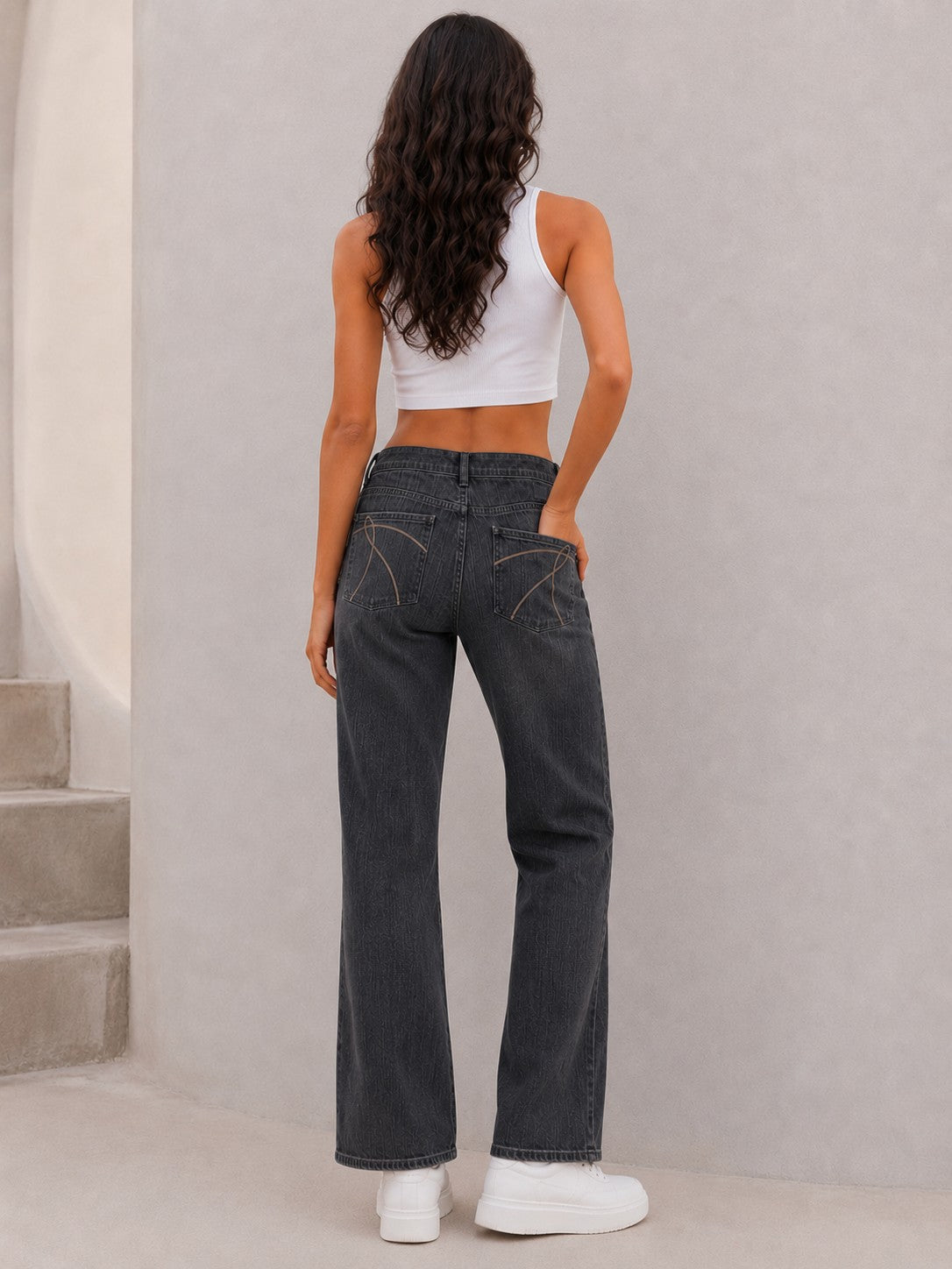 Women's Mid-Rise Straight Leg Jeans in Washed Charcoal Grey